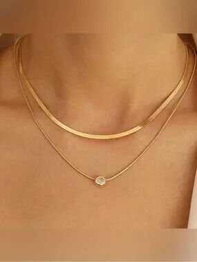 14k Gold Plated 2pc Herringbone CZ Necklace Set
